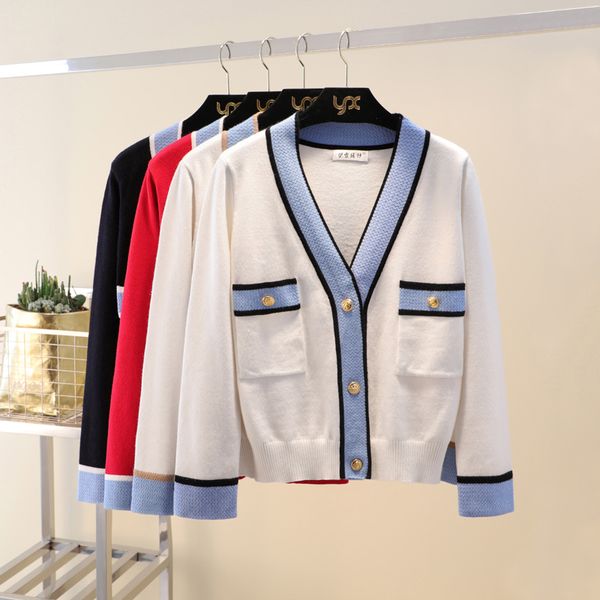 

women spring and autumn fashion korea style patchwork v-neck pocket knitted sweaters female casual cardigan sweater cloth, White;black