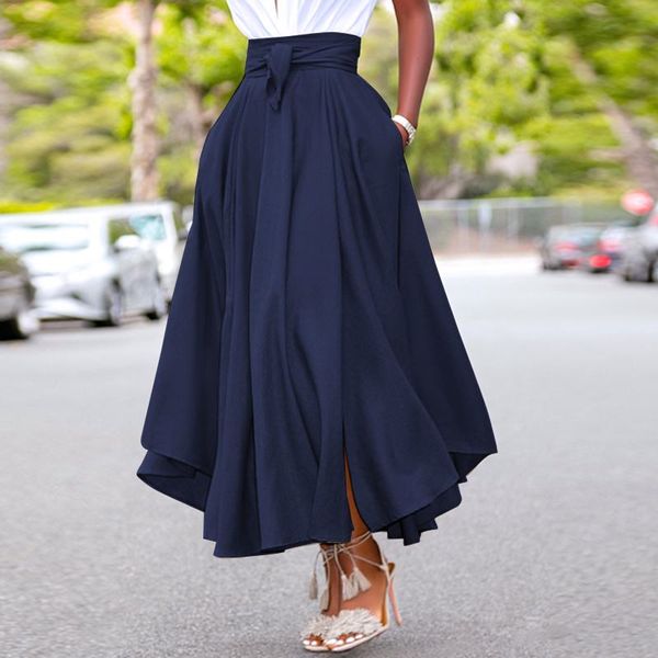 

high waist a-line skirt zanzea women skirts summer vintage zipper long maxi skirts solid irregular beach skirt faldas saia s-5xl, Black