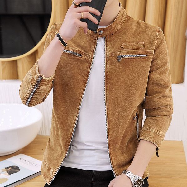 

ho 2018 men wear cowboy coat fall youth leisure pure color restoring ancient ways mao collar denim jacket, Black;brown