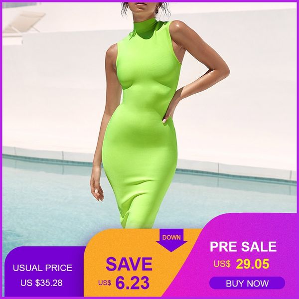 Ocstrade rayon vestidos bandagem 2019 sexy verão novo chegada mulheres pescoço alto néon green bandage dress midi bodycon vestido festa