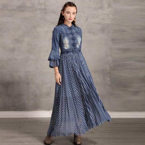 

johnature 2019 new autumn denim dress vintage women clothes pleated dot stand collar flare sleeve patchwork leisure women dress, Black;gray