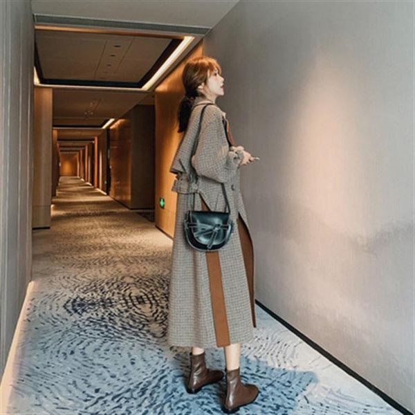 

2019 autumn winter new fashion women lattice warm wool blend coat long ladies slim turn down collar cashmere coat belted size xs, Black