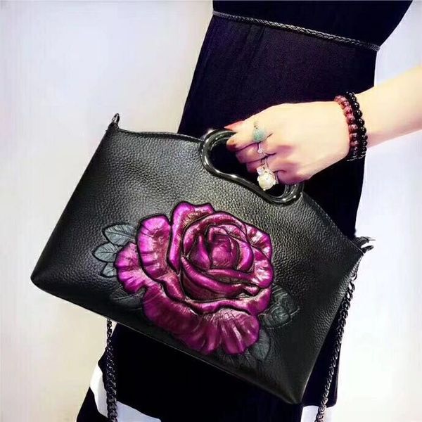 

handmade flower leather bag layer cow leather handbag bag retro ethnic style chain bag for women