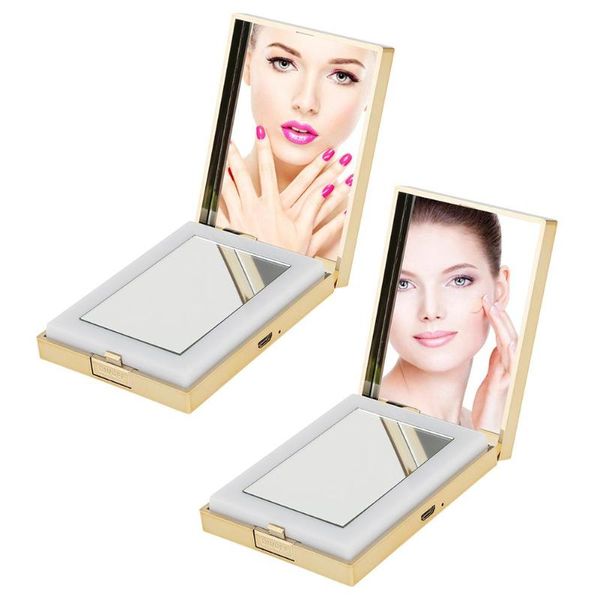 

led lighted makeup mirror women pocket mirrors cosmetics hand mirror led cold warm lights lamp+4x magnifying