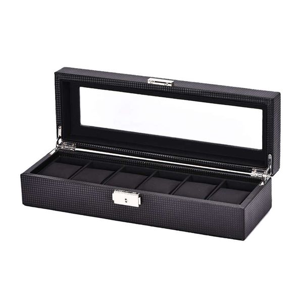 

6 mesh pu carbon fiber leather watch display case jewelry storage box, Black;blue