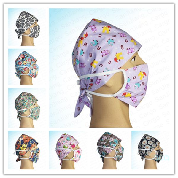 

floral nurse cap doctor hat and face mask two piece set washable protective cotton cover anti dust breathable mouth-muffle e41403, Yellow