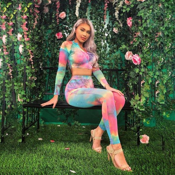 

радуга фитнес набор multicolor женщины печатные tracksuit с длинным рукавом crop top + высокая талия гетры 2 бюстье женские костюмы, Gray