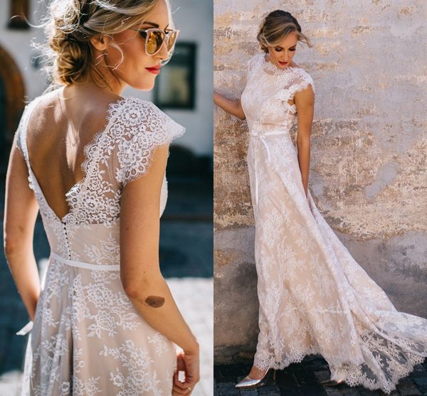 

champagne lace bohemian wedding dresses 2020 western garden a cap sleeve backless with buttons appliqued long boho bridal gowns, White