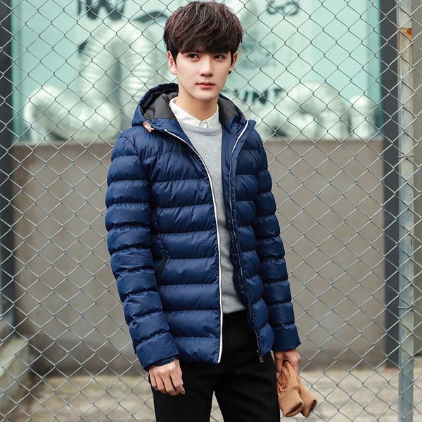 

2017 winter thick men hooded solid color down jacket cotton-padded clothes youth korean-style casual cotton overcoat, Black