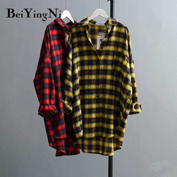 

beiyingni plus size vintage women shirts plaid spring autumn full sleeve blouses female long shirt korean casual blusa lady, White