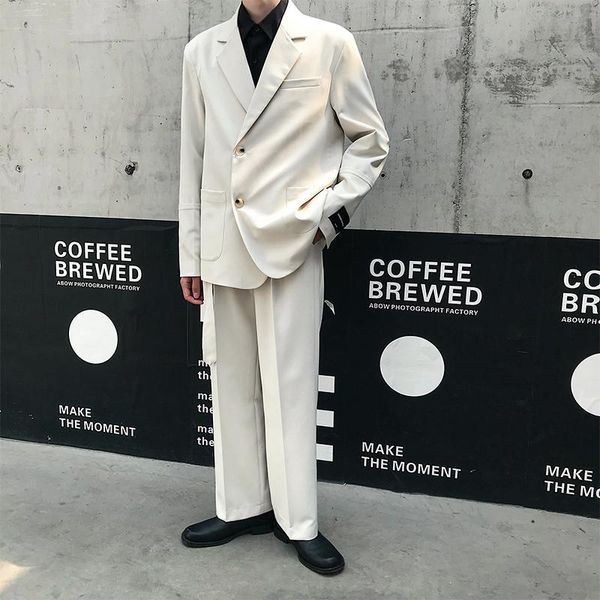 

мужчины 2шт костюмы наборы (куртка+брюки) мужской винтаж уличная хип-хоп свободные бизнес повседневный костюм пальто блейзер прямой пояс брю, White;black