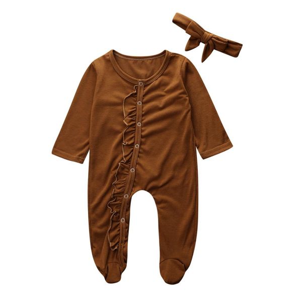 

0-18m newborn baby girl boy button romper ruffles long sleeve brown single breasted jumpsuit playsuit clothes outfit, Blue