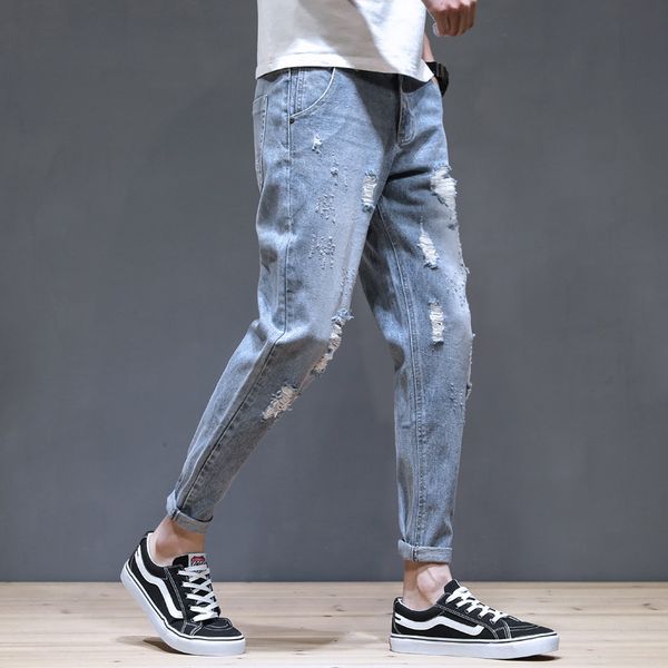 

2020 summer men's jeans ripped hole worn old large size 28-36 fashion casual slim fit fit feet jeans, Blue