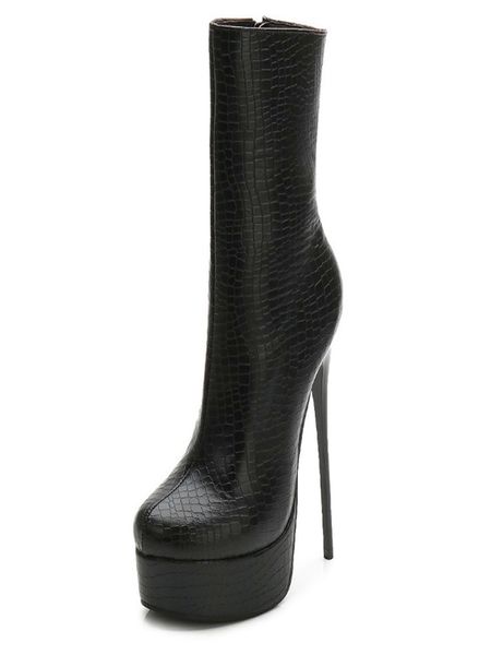 

women's fashion zipper middle tube boots platform 15cm fine heel high-heeled boots round toe autumn winter woman shoes plus size, Black