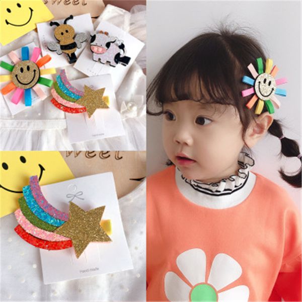 

kids girl children hair clips korean japan cartoon smile face sequins cute hairpins fall winter head wear accessories-swc5-w10, Slivery;white