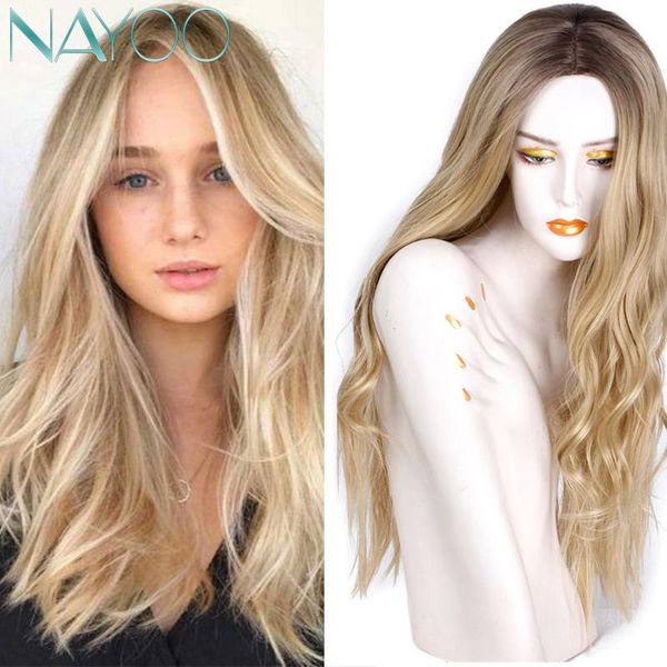 

парик длинные волнистые ombre платина blonde nayoo hair 28inch синтетические парики для женщин ежедневная партия парики природные средняя ча, Black