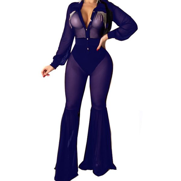 

see through mesh skinny party rompers women jumpsuit diamonds design long sleeve one piece overalls jumpsuits clubwear, Black;white