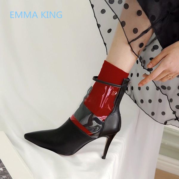 

2019 new pvc transparent women rubber boots pointed toe leather ladies high heels shoes woman runway thin heel ankle boots, Black