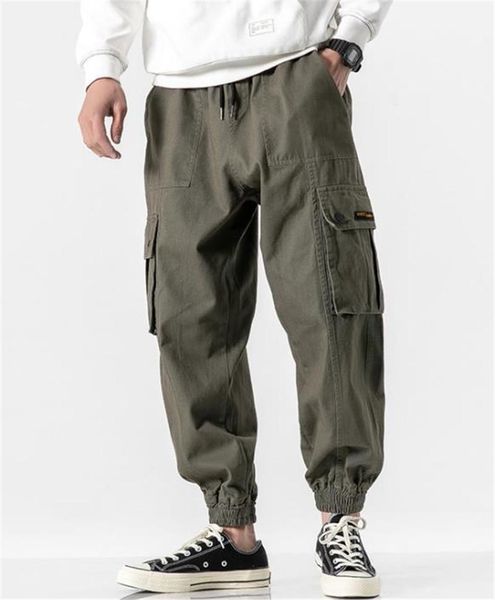 

mens designer cargo pants fashion loose solid color drawstring mens cargo pants casual males clothing big pocket panelled, Black