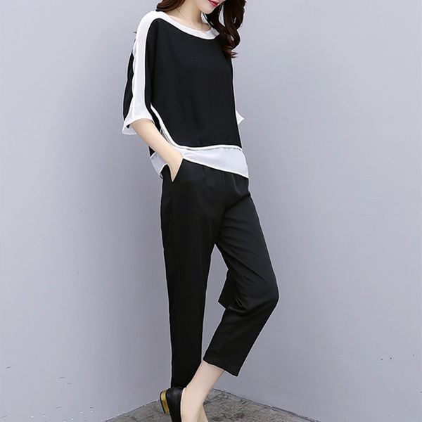 

2019 plus size women's set summer half sleeve and pants sets solid elegant black white casual office two piece sets