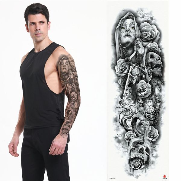 

new 1 piece temporary tattoo sticker dead skull pattern full flower tattoo with arm body art big large fake tattoo sticker