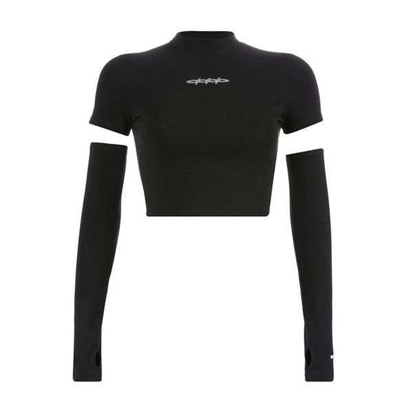 

goth navel t shirts women summer sunscreen long sleeve crop print streetwear tees gothic black girl casual tee shirt, White
