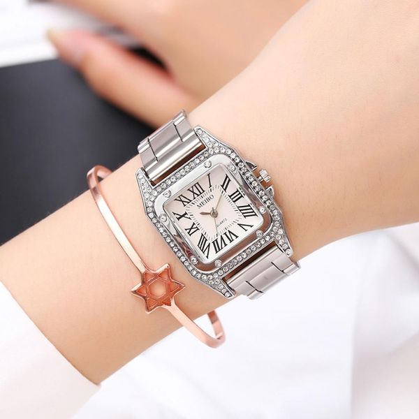 

2019 new luxury ladies square diamond quartz dress bracelet watch women silver steel female clock, Slivery;brown