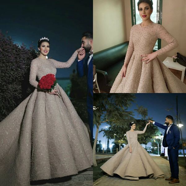 Luxo Ruffles Champagne Prom Dresses Lace Pearls A Line Jewel decote manga comprida vestido de noite Custom Made formal do partido Vestidos