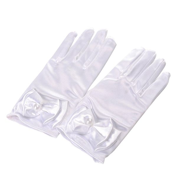 

girls satin princess gloves wedding bowknot party short gloves, White