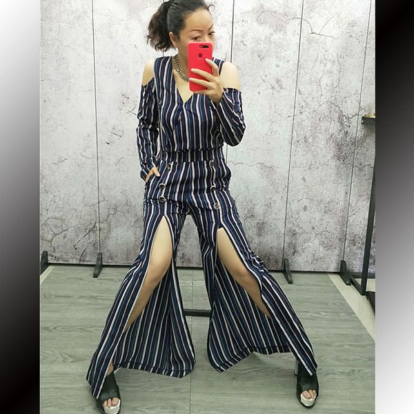 

2019 new summer formal fashion striped jumpsuit for women elegant casual long pant black straight slit trousers, Black;white