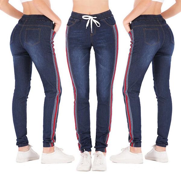 

2020 womens jeans high waist side striped trousers patchwork straight jeans drawstring casual pants plus size 5xl, Blue