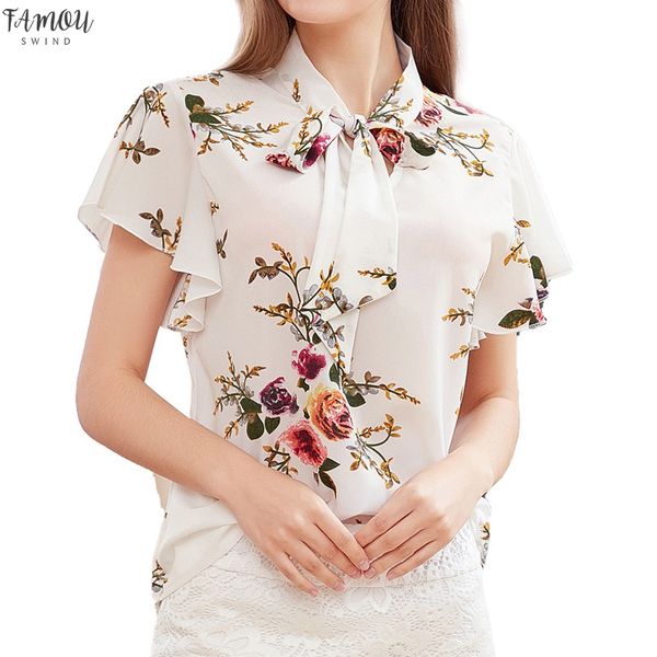 

womens and blouses boho floral print short sleeve women clothes 2020 tie office lady blouse women blouse femme, White