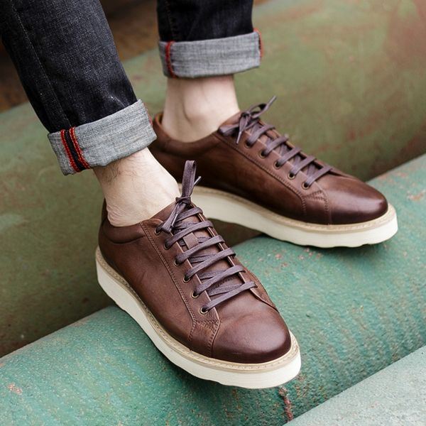 

new fashion designer round toe man comfortable shoes genuine leather laces footwear flat platform men's casual flats nhs160, Black