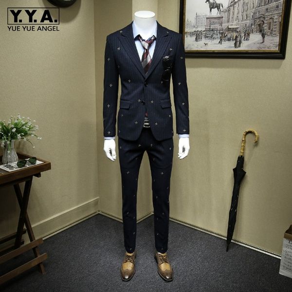 

personlity embroidery host gown dress striped mens suits slim fit formal wedding dress business three piece sets, White;black