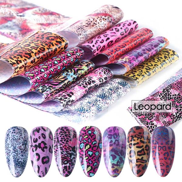 

10pcs/pack leopard foil nails women animal sticker set diy holographic adhesive paper nail slider manicure polish wraps ch19130, Black