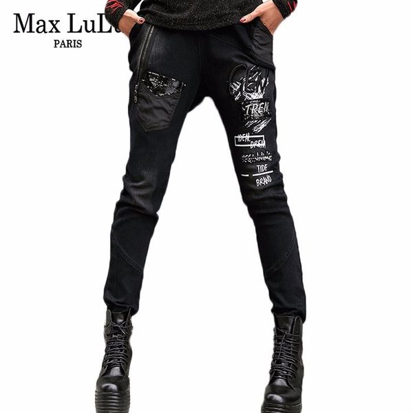 

max spring fashion vintage girls elastic harem pants korean womens black skinny jeans ripped 3d prined woman denim trousers, Blue