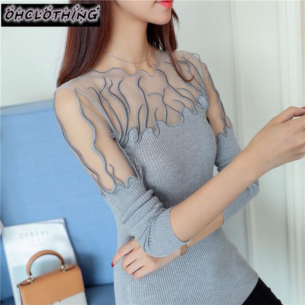 

2019 hitz head lace flounces korean sweater slim slim female long sleeved shirt color sweater, White;black