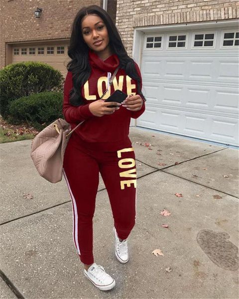 

casual sports suits relaxed womens clothing love 2 piece womens tracksuits long sleeve cowl neck letters printed ladies, Gray