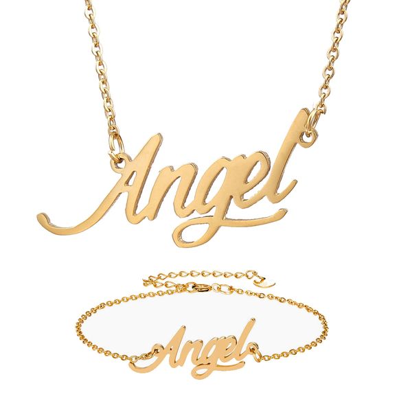 Pingente com nome de anjo para mulheres, aço inoxidável, ouro verdadeiro, conjunto de colar e pulseira com nome personalizado, gargantilha de ouro com letras, pingente, placa de identificação, presente