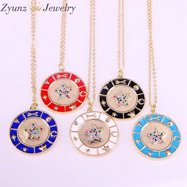 

10pcs, fashion necklace enamel cz charm pendant necklaces engraved cut star moon round pendant gold color jewelry for lady girls, Silver