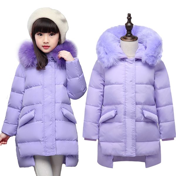 

selling winter girl's down jackets warm kids thick duck down jacket children hooded fur outerwears jacket -30degree, Blue;gray