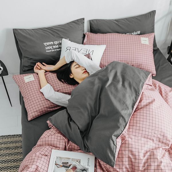 

4pcsbrief style fashion pure cotton bed set duvet cover flat fitted bed sheet pillowcases plaid pink grey ab stripe green bean
