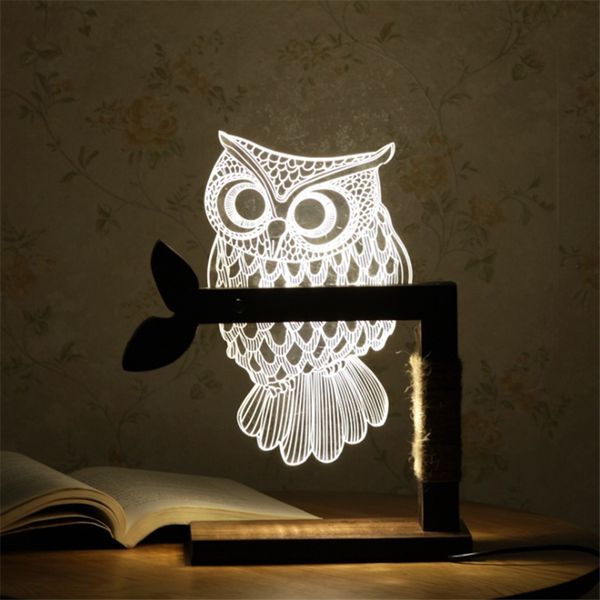 

wooden 3d owl visual desk lamp bedroom led night light acrylic panel warm white night lamp dimmable lighting bedroom decor gift