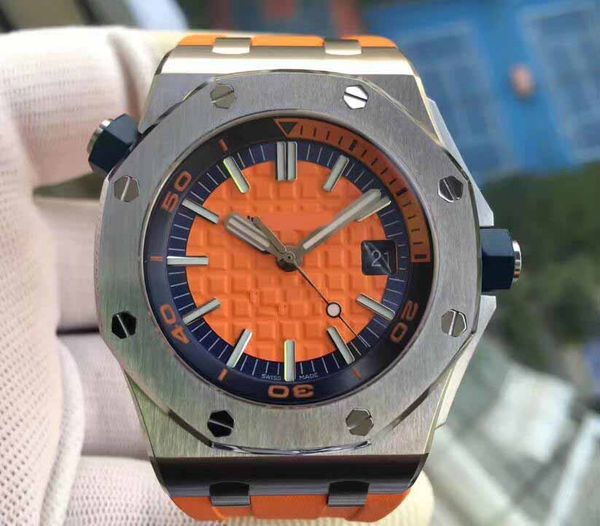 

mens factory 15707 42mm cal.3120 orange dial sapphire rubber case automatic movement waterproof diving stainless dial wristwatches, Slivery;brown