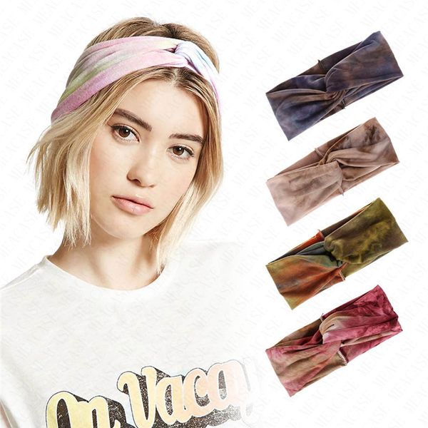 

ins women tie-dyed headband elastic cross big bow hairbands yoga fitness run sweat band knot wide band turban bohemian headscarf d62907, Slivery;white