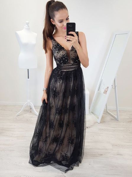 

кружева backless вечернее платье турция формальное платье выпускного вечера boho v-образным вырезом длинные платья партии элегантные женщины, Black