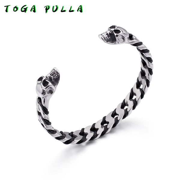 

vintage skull man bracelet male punk rock stainless steel bangles personalized mens leather wrap bracelets viking jewelry men, Black