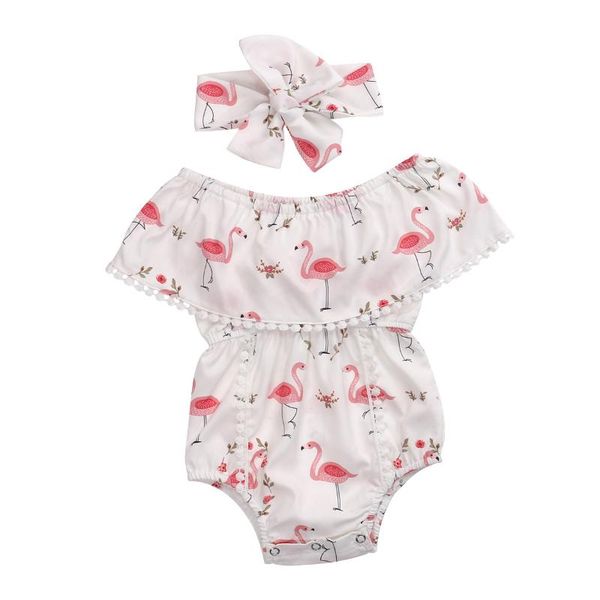 

0-24m newborn baby white flamingo print jumpsuit newborn collar fashion casual short sleeve bodysuit clothes