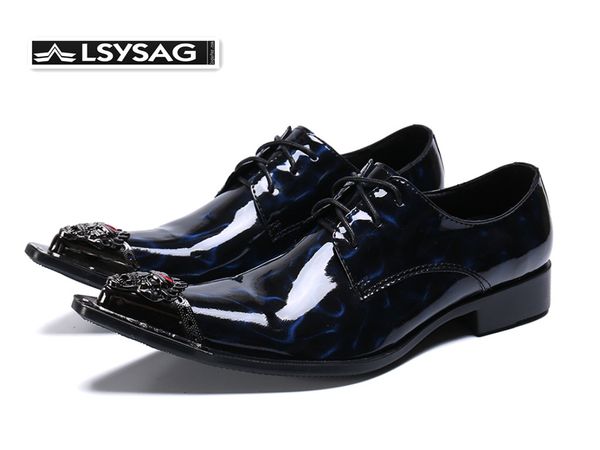 

designer patent leather men dress shoes metal pointed toe oxford shoes business party formal men large size, Black