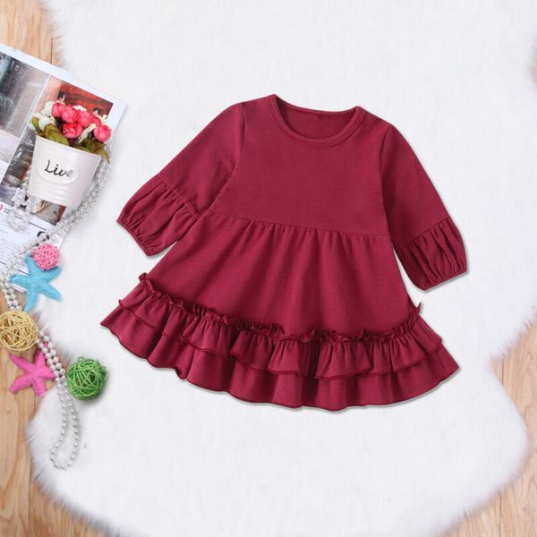 

toddler baby girl dress 0-3y long sleeve solid print bowknot ruffles party princess dress, Red;yellow
